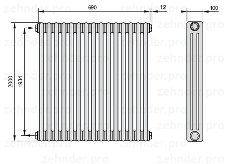 Схема (чертеж) Радиатор Zehnder Charleston 3200/15 №1270 Белый глянцевый RAL 9016